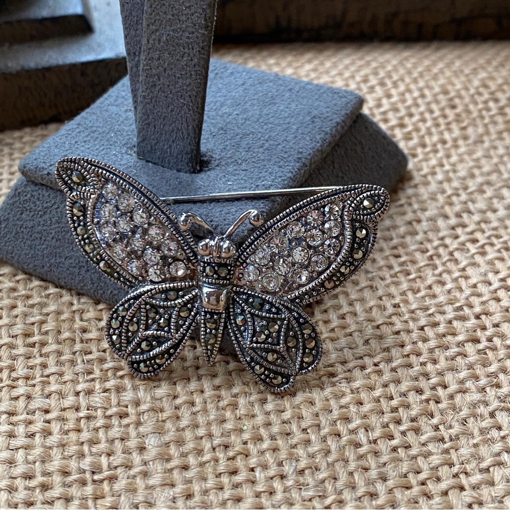 Beautiful Vintage Sterling Rhinestone Marcasite Butterfly Brooch